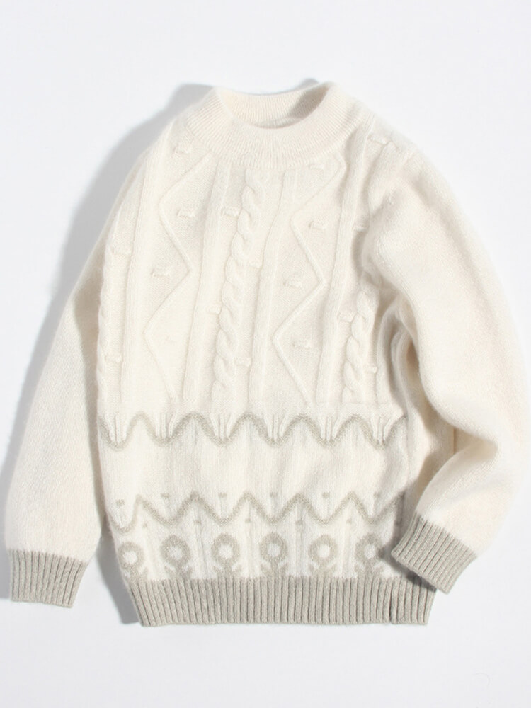 Kids Soft White and Grey Nordic Cable Pattern Cashmere Sweater